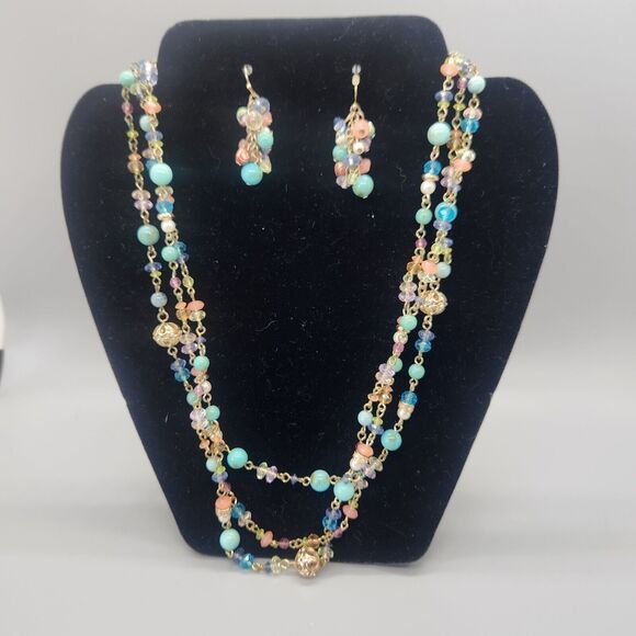 Matched Set Summer Breeze Beaded Necklace & Dangle Earrings Avon Gold Aqua Boho - Picture 1 of 9